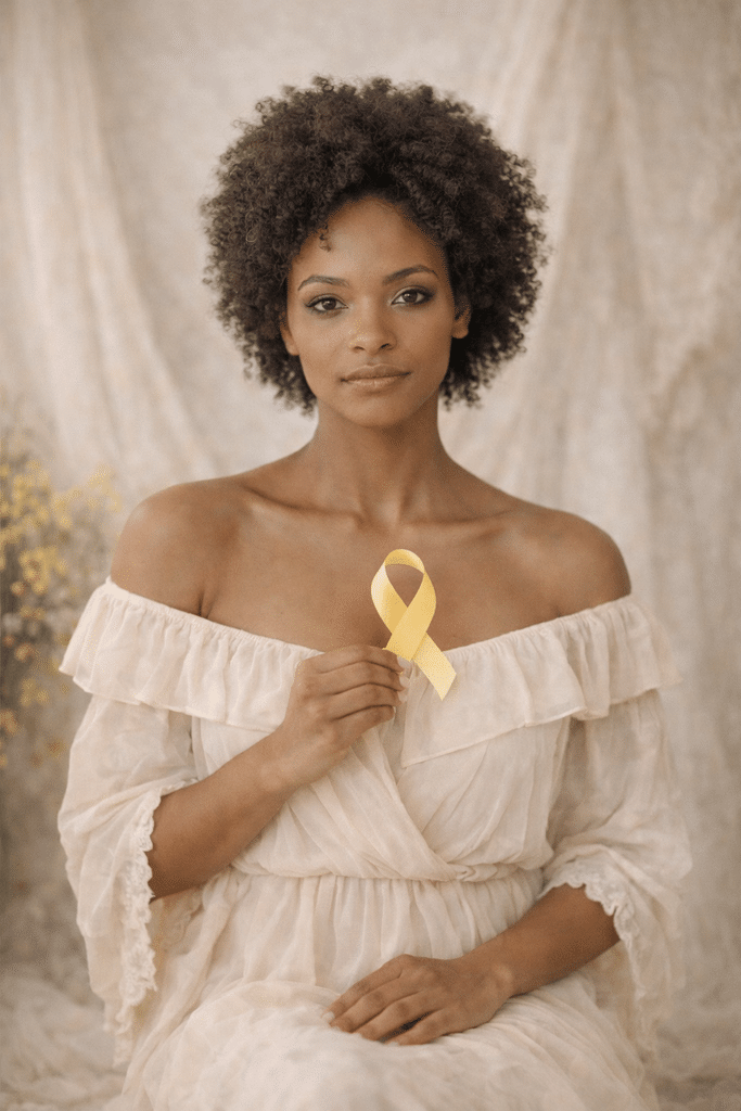 Femme tenant le ruban jaune de sensibilisation à l’endométriose