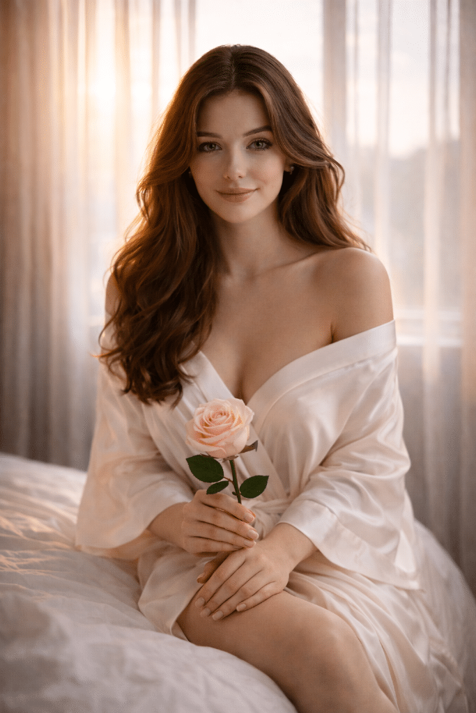 Portrait d’une femme souriante en peignoir satiné tenant une rose, assise sur un lit dans une lumière naturelle douce lors d’une séance photo boudoir.