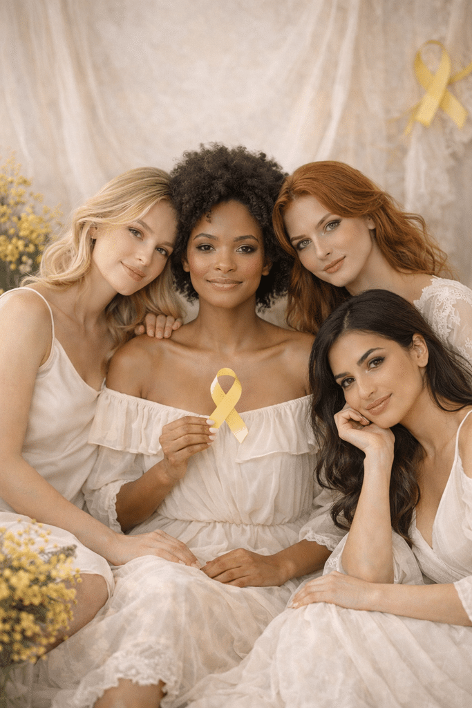 Quatre femmes réunies avec un ruban jaune de sensibilisation à l’endométriose