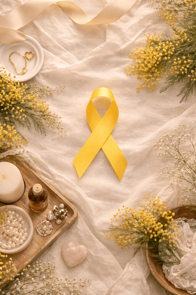 Ruban jaune de sensibilisation à l’endométriose posé sur un tissu clair