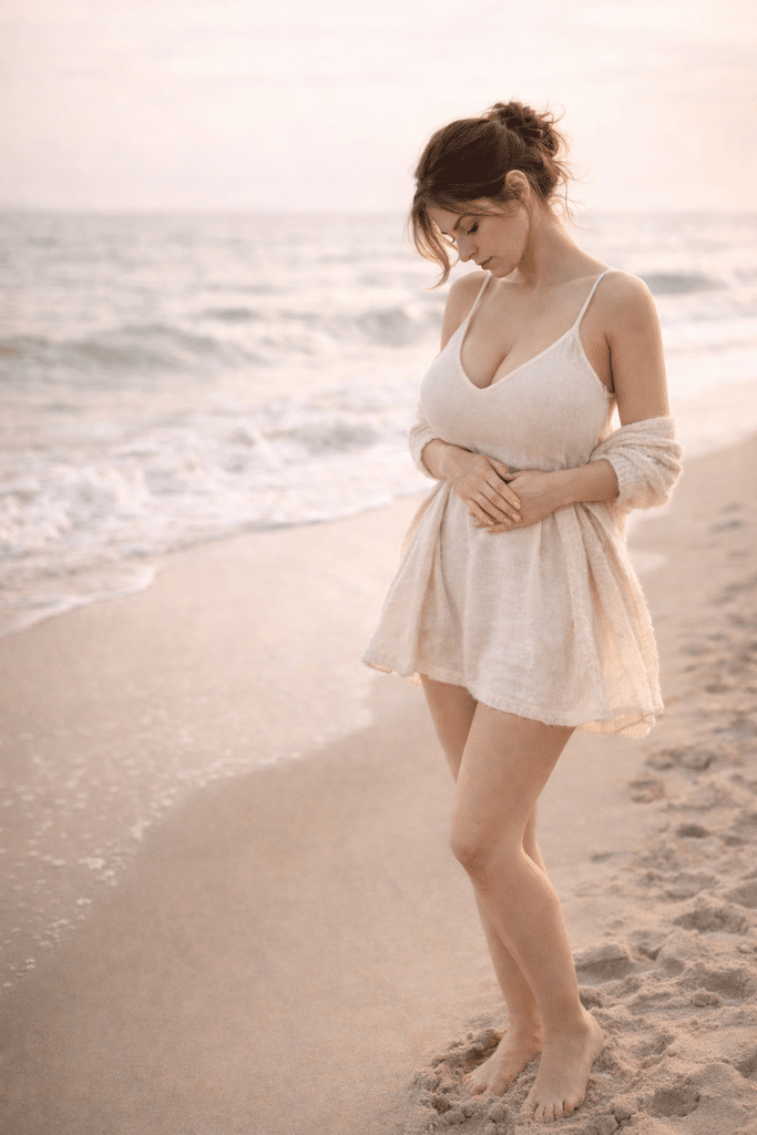 Femme sur une plage tenant son ventre pour évoquer les douleurs de l’endométriose