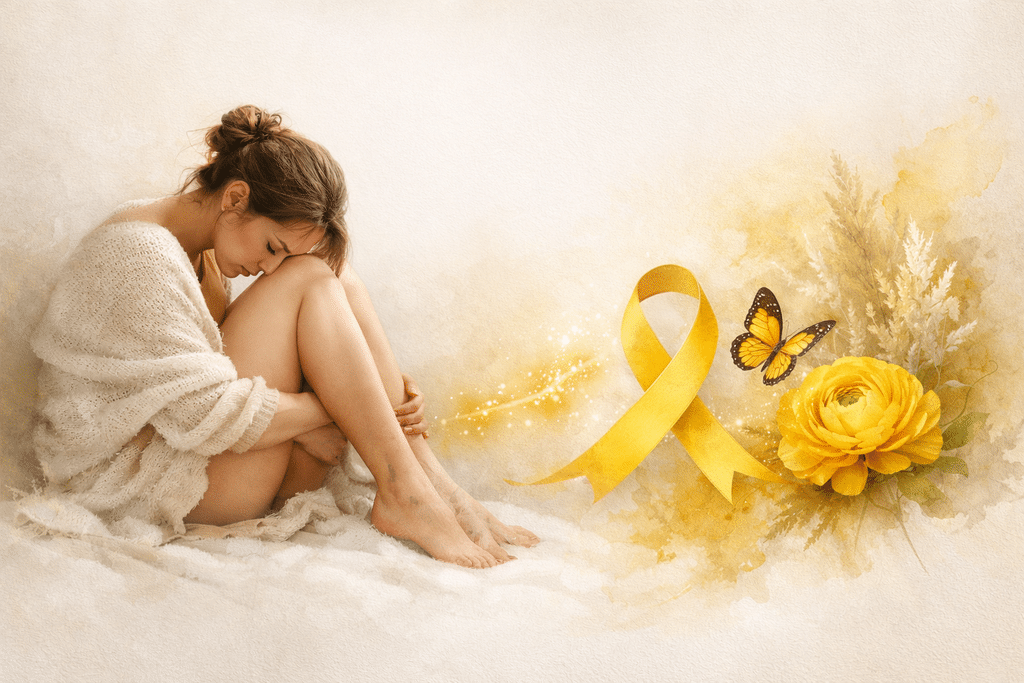 Femme repliée près d’un ruban jaune symbolisant les douleurs de l’endométriose