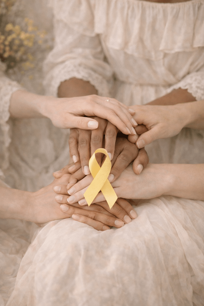 Mains de plusieurs femmes réunies autour du ruban jaune de l’endométriose