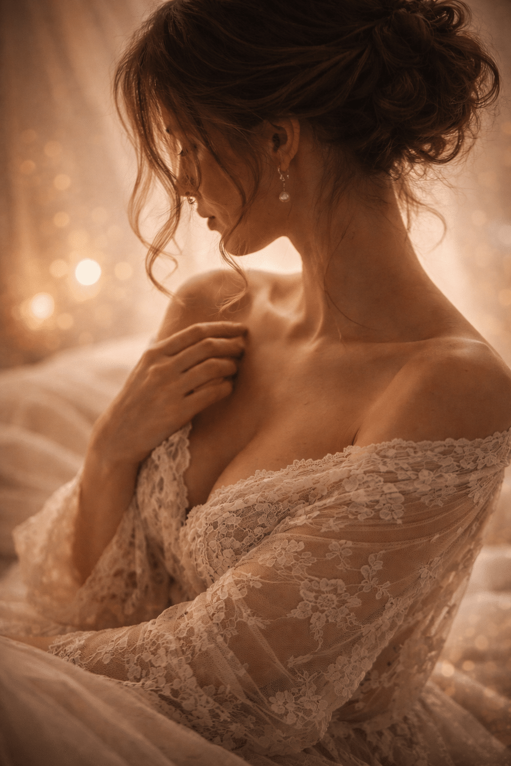Femme en dentelle blanche photographiée de profil lors d’une séance boudoir à Tourcoing