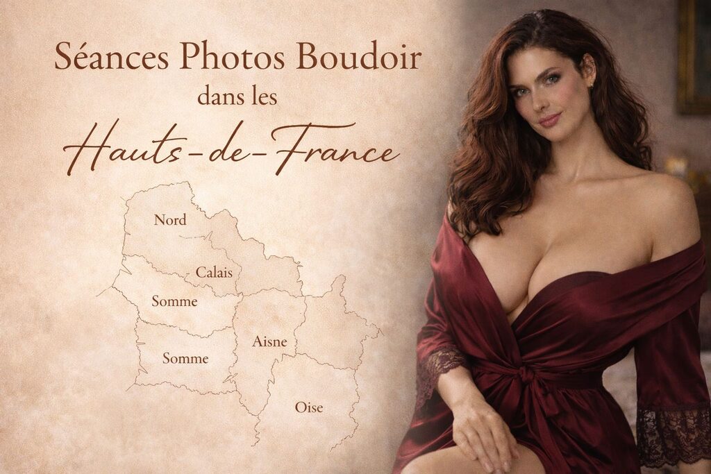 Bannière présentant les séances photo boudoir dans les Hauts-de-France avec une femme élégante et une carte de la région indiquant les départements du Nord, du Pas-de-Calais, de la Somme, de l’Aisne et de l’Oise.