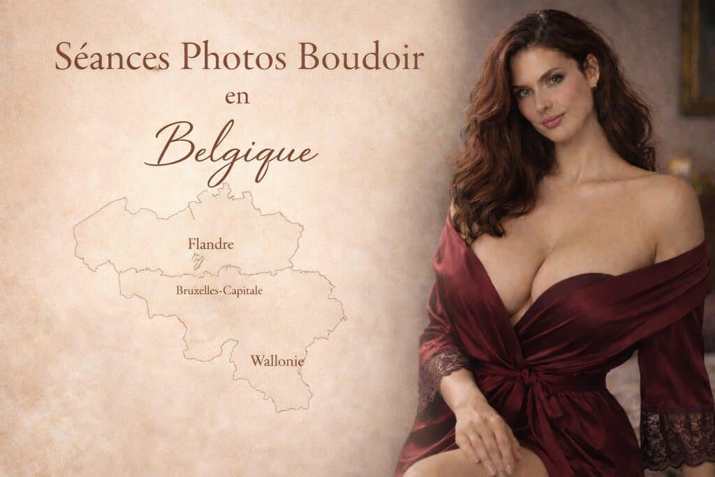 Bannière présentant les séances photo boudoir en Belgique avec une femme élégante et une carte de la Belgique illustrant les régions Flamande, Bruxelloise et Wallonne.