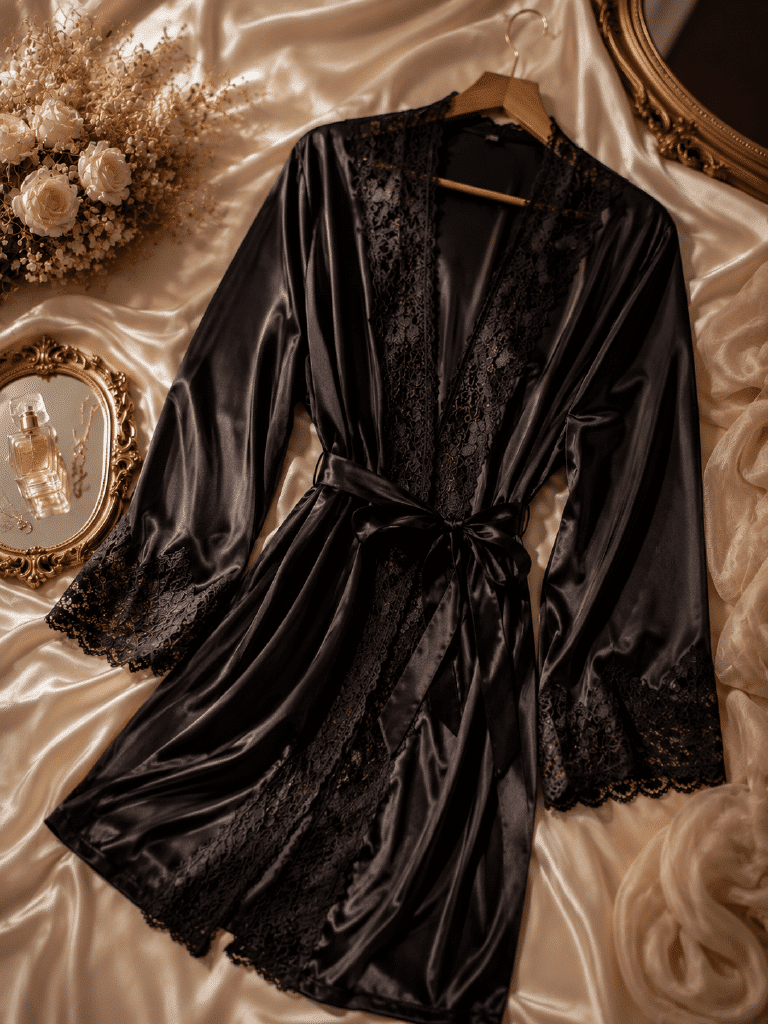 Peignoir noir en satin et dentelle préparé pour une séance photo boudoir au studio Les Délices d’un Regard près de Lille.