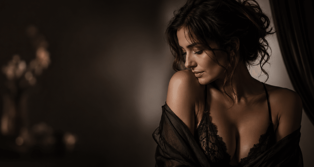 femme élégante en lingerie noire dans une ambiance intimiste au studio Les Délices d'un Regard, photographe boudoir près de lille