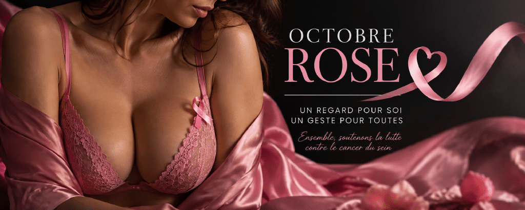 bannière octobre rose du studio les délices d'un regard à Tourcoing, femme en lingerie rose et ruban rose