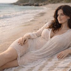 Femme brune allongée sur une plage dans une robe blanche légère