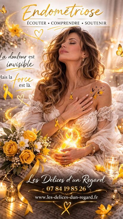 Affiche de sensibilisation à l’endométriose représentant une femme entourée d’une lumière dorée avec le message « La douleur est invisible, mais la force est là » créée par le studio Les Délices d’un Regard.